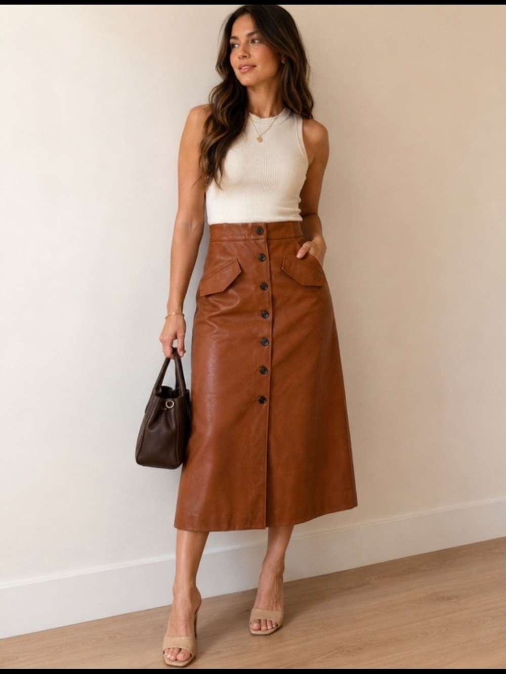 H&M Cognac Brown Button-Front Faux Leather Midi Skirt